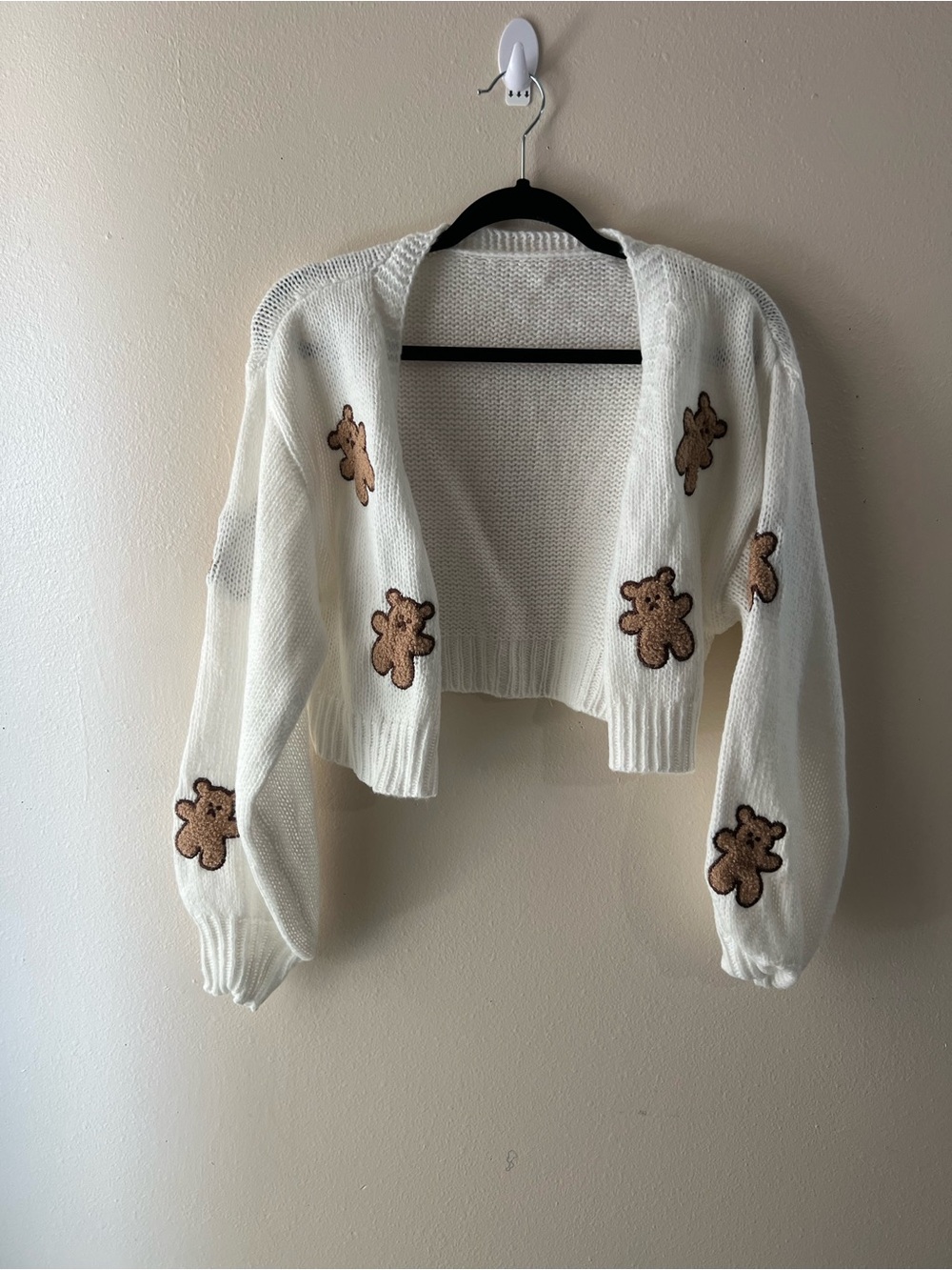 White Cropped Cardigan with Teddy Bears